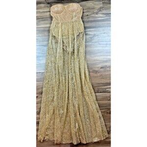 Love & Lemonade Gold Sequin Sweetheart Strapless Bodysuit W/Overlay Holiday SZ S
